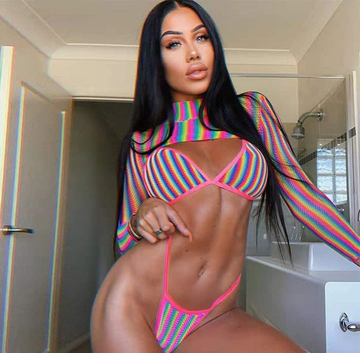 Rainbow Striped Bikini Thong Set