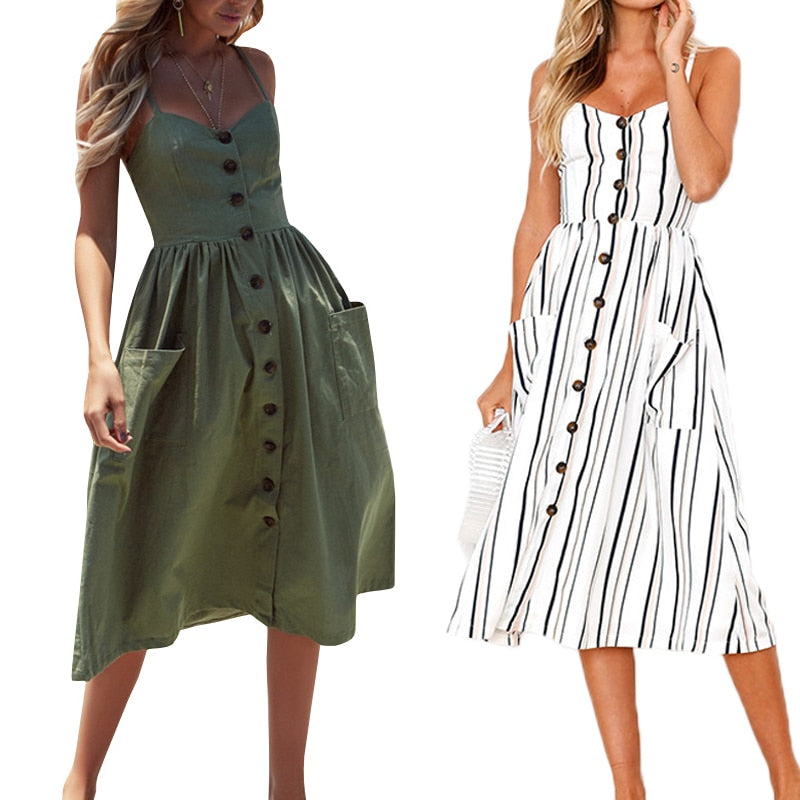 Casual Vintage Sundress Women Summer Dress 2020 Boho Sexy Dress Midi Button Backless Beach Polka Dot Striped Floral Dress Female - Function123