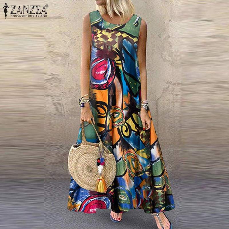 ZANZEA Women Bohemian Sleeveless Floral Printed Sundress Summer Dress Robe Vintage Kaftan Beach Vestido Femme Sarafans Plus Size - Function123