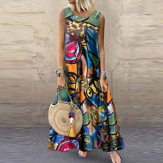ZANZEA Women Bohemian Sleeveless Floral Printed Sundress Summer Dress Robe Vintage Kaftan Beach Vestido Femme Sarafans Plus Size - Function123