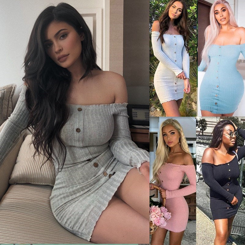 2019 Autumn Sexy Slim Dress Women Solid Color Off Shoulder Long Sleeve Sexy Slash Neck Bodycon Dresses Mini Party Dress Vestidos - Function123