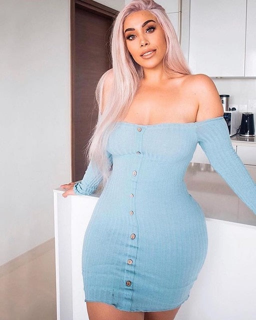 2019 Autumn Sexy Slim Dress Women Solid Color Off Shoulder Long Sleeve Sexy Slash Neck Bodycon Dresses Mini Party Dress Vestidos - Function123