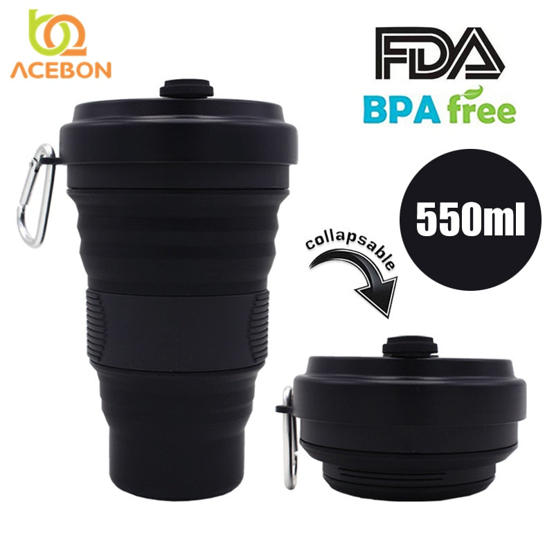 550ml Folding Silicone Cup Mugs Portable Silicone Telescopic Drinking Collapsible Silica Coffee Cup With Lids Travel All Black