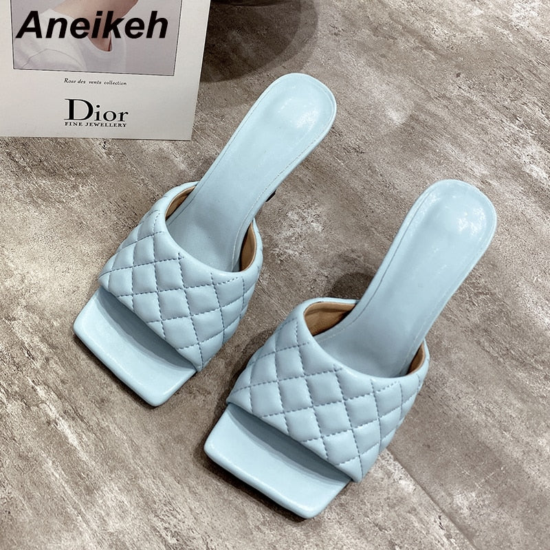Aneikeh NEW Sexy PU diamond Square head Peep Toe High Heel Slippers Summer Fashion Slip On Thin Heels Slides Women Mules Party