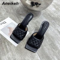 Aneikeh NEW Sexy PU diamond Square head Peep Toe High Heel Slippers Summer Fashion Slip On Thin Heels Slides Women Mules Party