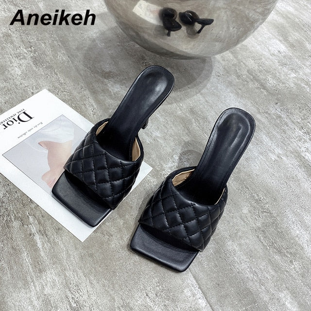 Aneikeh NEW Sexy PU diamond Square head Peep Toe High Heel Slippers Summer Fashion Slip On Thin Heels Slides Women Mules Party