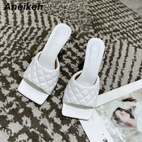Aneikeh NEW Sexy PU diamond Square head Peep Toe High Heel Slippers Summer Fashion Slip On Thin Heels Slides Women Mules Party