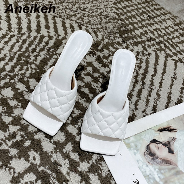 Aneikeh NEW Sexy PU diamond Square head Peep Toe High Heel Slippers Summer Fashion Slip On Thin Heels Slides Women Mules Party