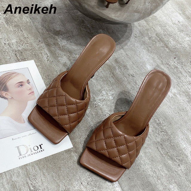 Aneikeh NEW Sexy PU diamond Square head Peep Toe High Heel Slippers Summer Fashion Slip On Thin Heels Slides Women Mules Party