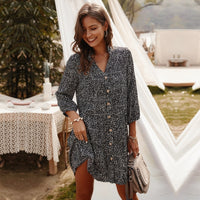 2021 New Casual Summer Dress Women Single Breasted Dot Print Above Knee Mini V-neck Three Quarter Sleeve Dress
