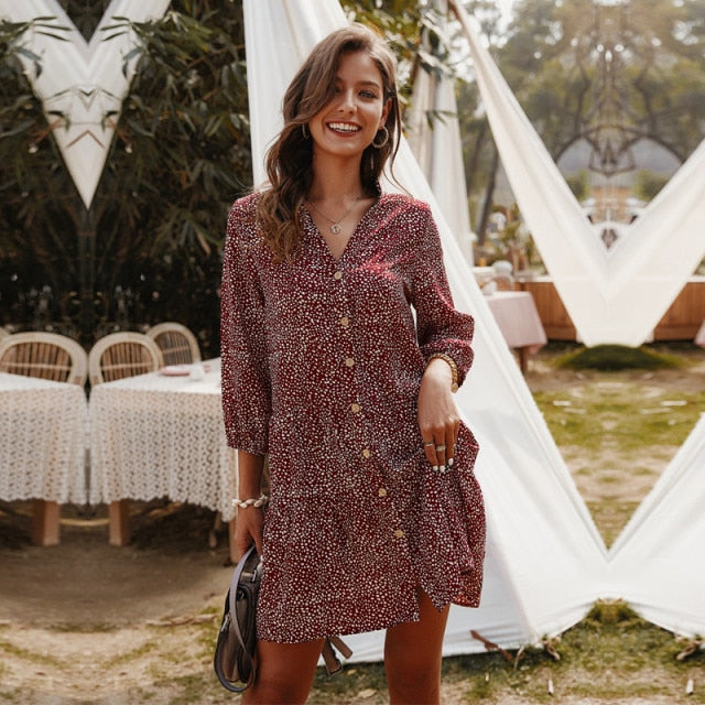 2021 New Casual Summer Dress Women Single Breasted Dot Print Above Knee Mini V-neck Three Quarter Sleeve Dress