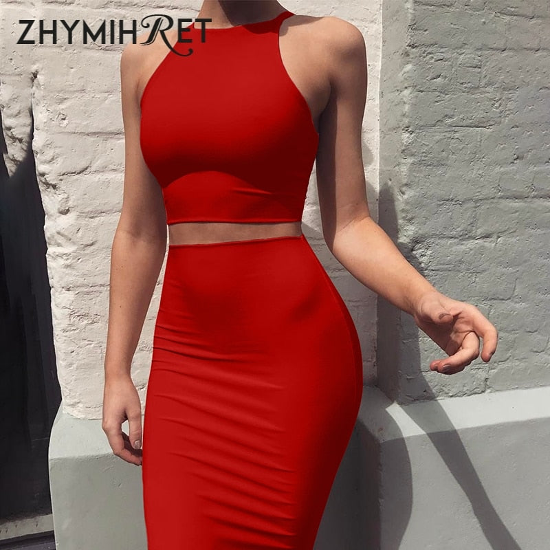 ZHYMIHRET 2021 Sexy Summer Two Piece set dress Crop Tops sheath set Mini bandage Dress Sleeveless party Vestidos robe femme ete